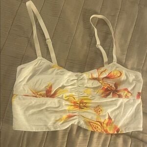 Free People White Floral Ruched Crop Top with Adjustable Straps